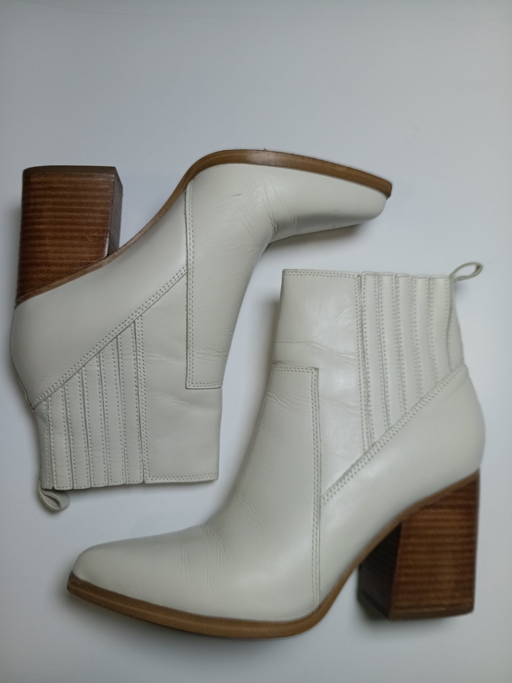 Marc Fisher Cream Leather Pointed Ankle Booties with Stacked Wood Heel